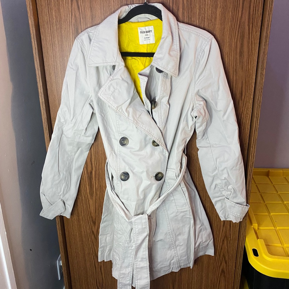 Old Navy Trench Coat Women Large‎ Beige Double Breasted Belted Yellow Lining